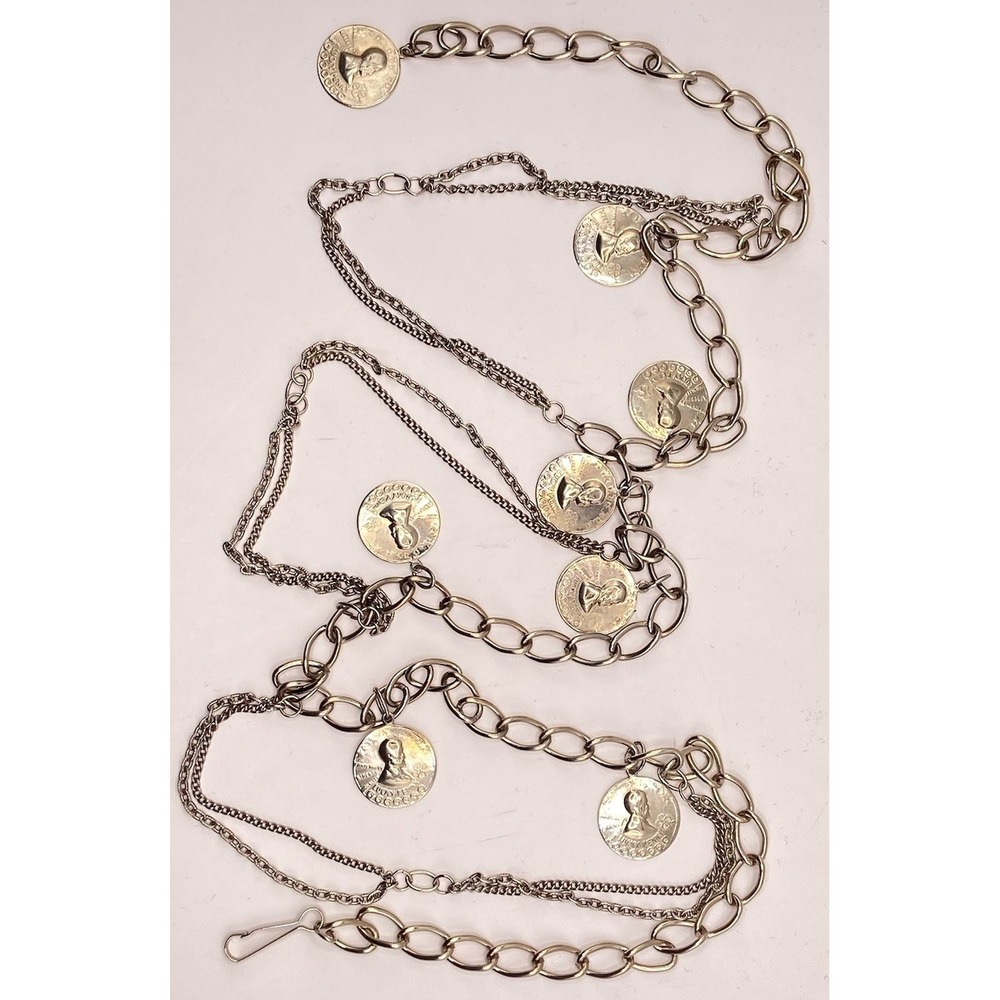 Silver Tone Lucky Penny Coin Statement Necklace Belt